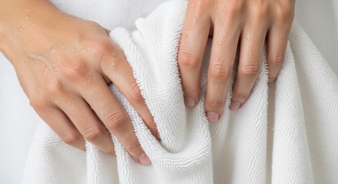 close up of wet hands with water drops drying on soft white terry cloth towel, hygiene and personal care concept