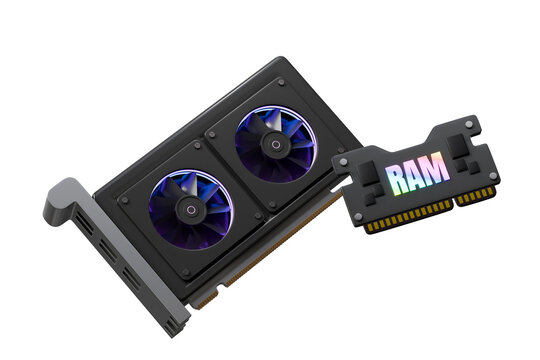 3d graphics card RAM icon. pc upgrade concept. minimal cartoon memory hardware dual fans for computer advertising. isolated on white transparent background. 3d render.