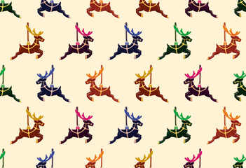 Christmas Reindeer Carousel Toy Seamless Pattern, Watercolor Vintage Multicolor Stag Ornament Pattern, Festive Holiday Celebration Wallpaper – Repeating pattern of colorful galloping carousel reindeer © Sviatlana Barysevich