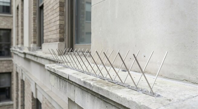 Bird spikes on building ledge. Pest activity and prevention concept