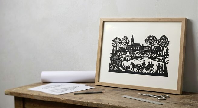 Intricate Scherenschnitte paper cut artwork in a frame. Traditional craft and hands-on technique