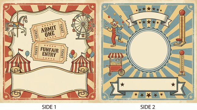 Vintage double sided carnival festival flyer invitationposter template decorative funfair tickets with amusement park elements festive pattern empty space for custom greeting text message