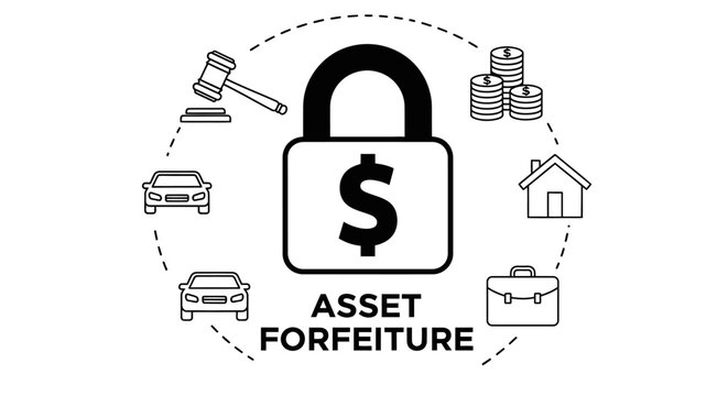 Asset forfeiture vector icon concept with lock dollar symbol, gavel, money, cars, and house isolated on white background.