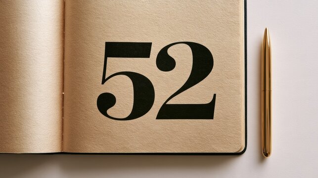 A weekly planner page shows number 52 on a journal with a gold pen beside it. This scene is set for annual planning and organization.