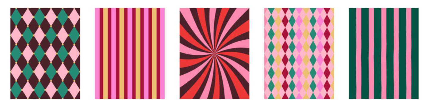 Retro poster set with geometric stripes diamond argyle and radial sunburst patterns