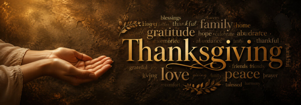 Thanksgiving Word Cloud Website Banner - Female cupped hands alongside a golden 'Thanksgiving' word surrounded by a relevant word cloud on a warm dark golden  stone effect background