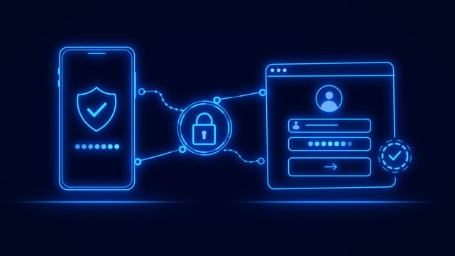 Two-Factor Authentication With Smartphone And Secure Login Glowing Neon Style Animation with Connected  Padlock On A Dark Background. Virtual Identity Verification, Cybersecurity, And Digital Account 