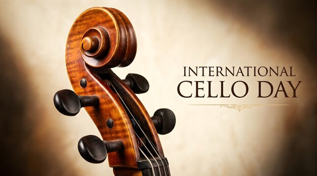 Elegant International Cello Day Poster Showcasing a Handcrafted Wooden Cello Scroll and Tuning Pegs