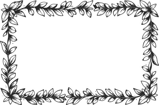 Elegant floral rectangular frame with detailed leaves and flowers, hand drawn black line art border design
