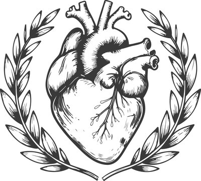 Anatomical heart illustration with laurel wreath branches black and white vintage drawing