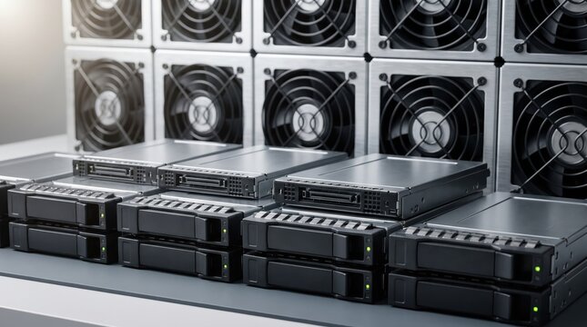 Server hard drives and cooling fans inside a modern facility. Essential data center infrastructure equipment for high-performance computing, cloud storage, and enterprise networking.