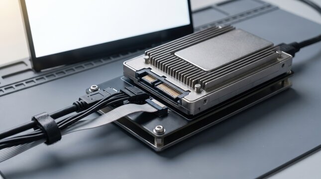 Hard drive and electronic hardware components connected with cables on a workbench. Essential infrastructure for data-цетру и их обустройство supporting modern servers, information technology.