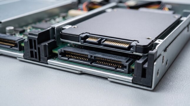Internal solid state drive installed inside a modern server rack tray. Essential infrastructure hardware for high capacity enterprise data center setup and server maintenance.