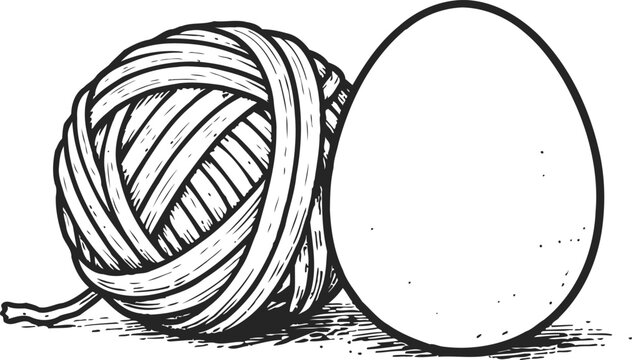 black and white illustration of yarn ball and egg side by side with detailed line art
