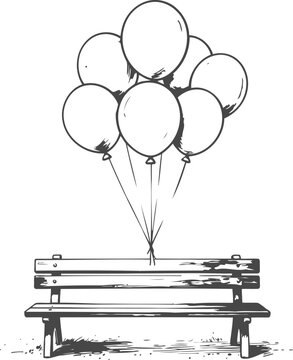 Vintage wooden bench with floating balloons tied together above, hand drawn sketch illustration