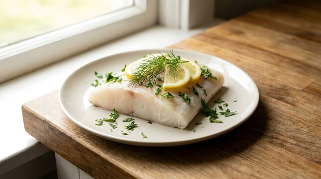 Raw white fish fillet with lemon and dill on a plate
