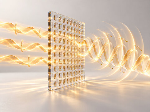 3D terahertz metasurface polarization wavefront modulation concept, translucent subwavelength artificial structure with glowing terahertz polarization steering vector with copy space