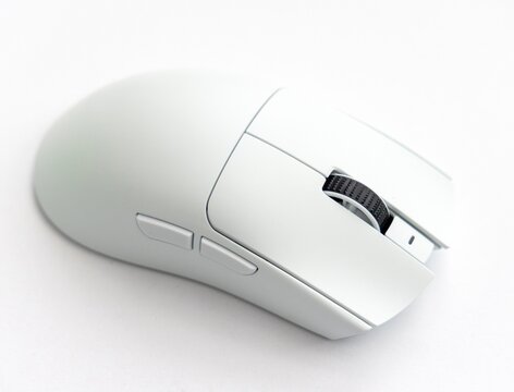 Modern ergonomic white wireless computer mouse on white background