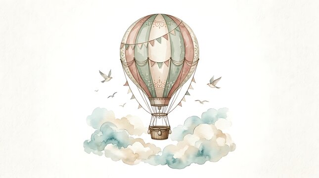 Hot air balloon flies gently above soft watercolor clouds.