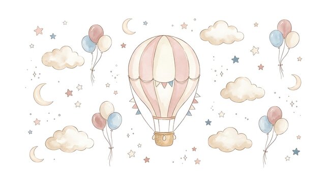 Hot air balloon floats surrounded by clouds, stars, and moon.