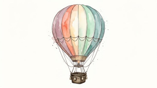 Vintage hot air balloon soaring alone against a plain white backdrop.