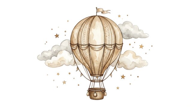 Vintage hot air balloon surrounded by clouds and stars.