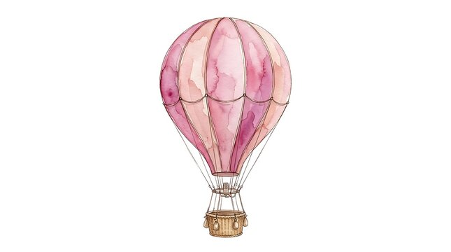 Hot air balloon painted in watercolor with pink stripes.