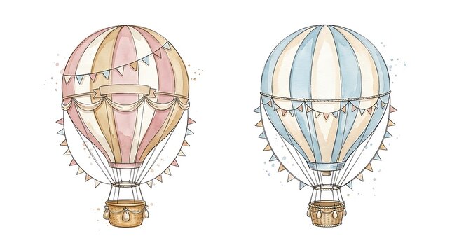 Hot air balloons soar high with striped patterns and baskets.