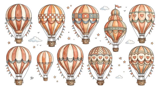 Balloons display various patterns on white background.