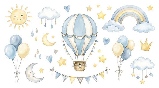 Clouds and stars surround a central hot air balloon illustration.