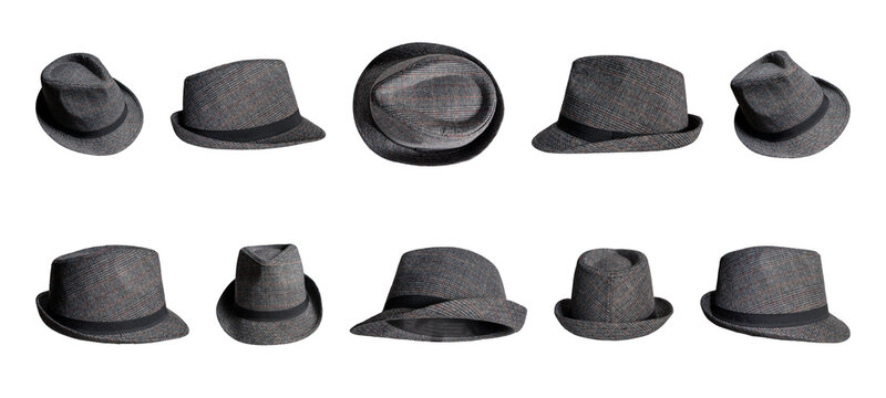 Set of gray plaid trilby hats with black ribbon from different angles isolated on transparent background
