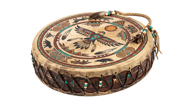 Native American hand drum with eagle artwork, traditional ceremonial rawhide drum, tribal leather musical instrument with turquoise beads isolated PNG with Transparent Background