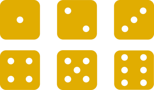 Mustard Dice Face Numbers One to Six Icon Set Isolated on Transparent Background PNG Gaming Symbols