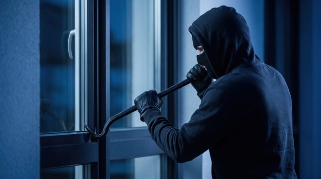 Thief breaks window with crowbar to enter house at night