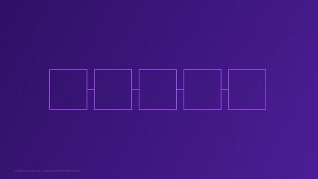 Five empty square frames connected by thin lines in a horizontal row against a solid deep purple background, with a subtle, grid pattern overlaying, the entire surface, of the