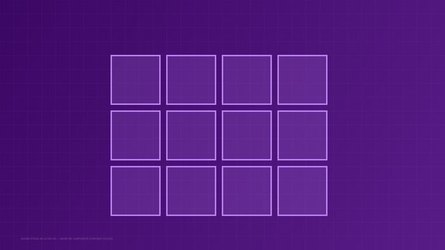 Geometric grid of twelve purple squares with thin light purple outlines arranged in a four by three layout on a dark purple gradient background, digital interface or layout templates
