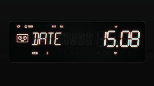 Glowing retro VCR vacuum fluorescent display shows timer programming with start time and tape speed digits on dark panel. Nostalgic analog tech close-up for 1980s media.