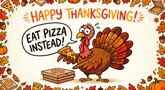 Cartoon turkey with speech bubble saying eat pizza instead for holiday card