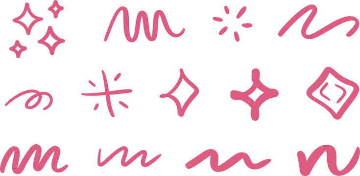 Set of hand drawn pink sparkle and doodle line elements isolated on white background