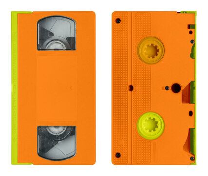 Old orange video cassette tape, front and back