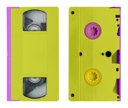 Vintage yellow video cassette tape from and back