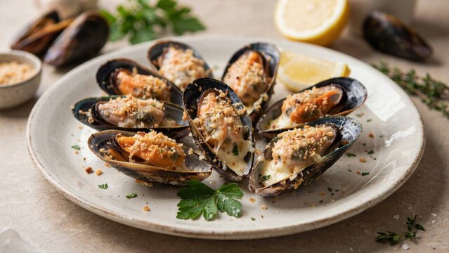 Spanish cuisine. Tigres. Mussel shells stuffed with a mixture of minced clam meat, bechamel sauce and spices, rolled in breadcrumbs and fried to a crisp.