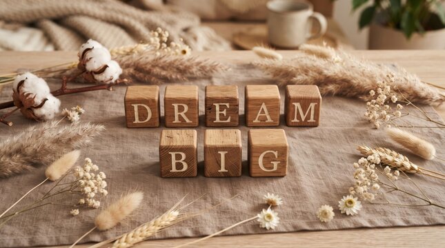 Dream Big Inspirational Wooden Letter Blocks with Dried Flowers and Wheat