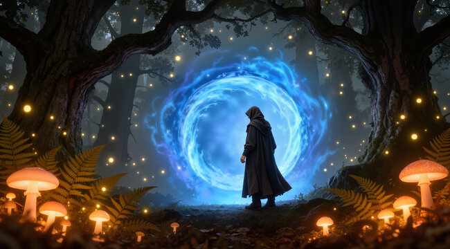 A mystical image of a man in a hooded cloak standing at the edge of a glowing portal in a forest. Foreground: glowing mushrooms and ferns. Midground: the swirling blue energy of the portal. Background