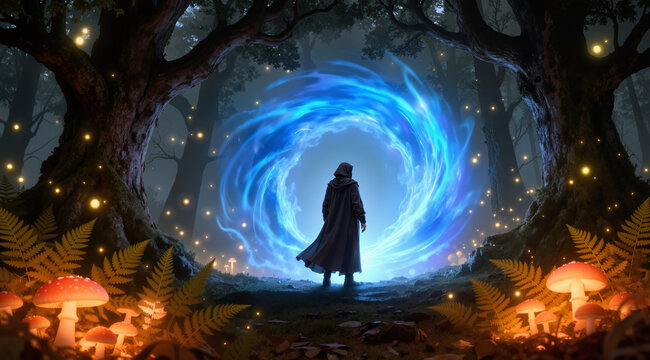 A mystical image of a man in a hooded cloak standing at the edge of a glowing portal in a forest. Foreground: glowing mushrooms and ferns. Midground: the swirling blue energy of the portal. Background