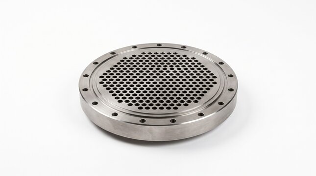 Steel alloy heat exchanger tube sheet. Precision drilled disc with concentric insertion holes and sealing grooves for industrial refinery hardware. Isolated on white background.