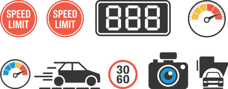 Speed limit icon set featuring dynamic traffic symbols, speedometers, monitoring cameras, road signs, vehicle transportation elements, driving