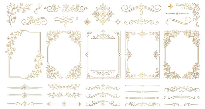Elegant gold calligraphic frames and floral dividers set featuring ornate vintage borders vector graphics isolated on transparent background