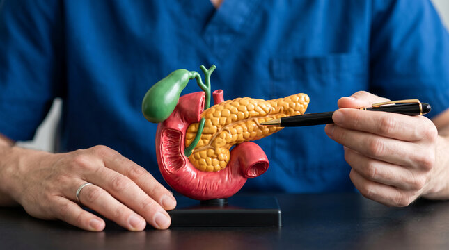 Medical model of the pancreas, bile duct and gallbladder displayed on a table with a human hand pointing, symbolizing education and medical science