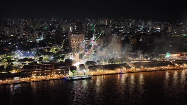 Fireworks above the historic waterfront of Belem Brazil at night